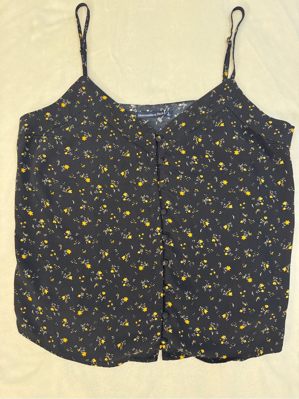 Abercrombie & Fitch Black V Neck Top Yellow Floral Print & Buttons Down Front